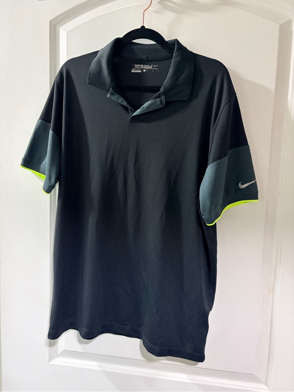 Nike Men’s Black Polo with Grey Sleeve Panels and Neon Trim. Size Large.